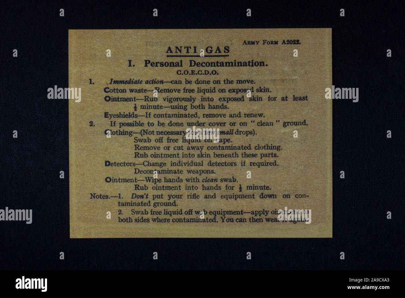 An 'Anti-Gas' army information form, a piece of replica memorabilia from the Blitz era of the 1940s. Stock Photo