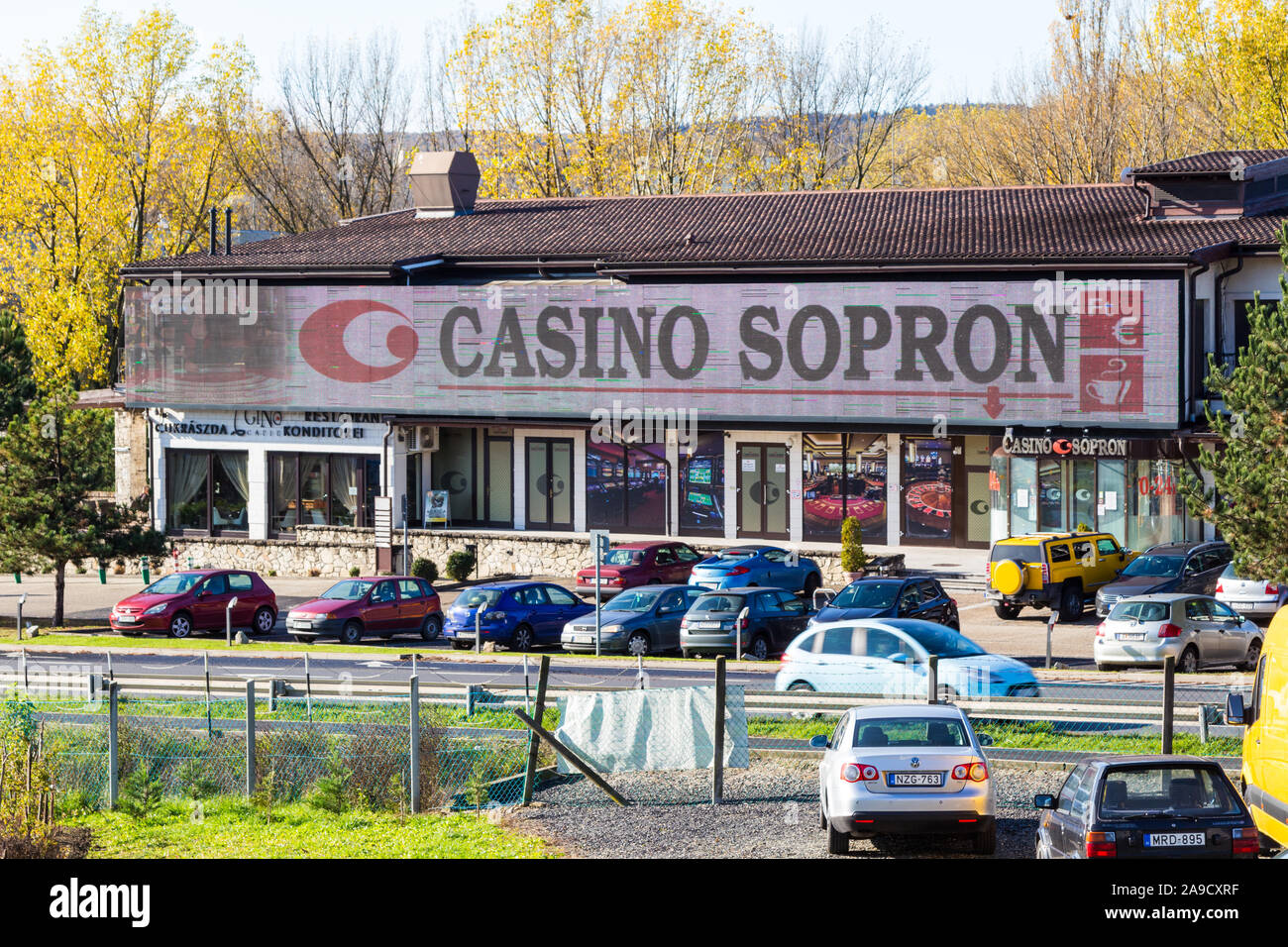 Front illuminated sign of Casino Sopron, Sopron, Hungary Stock Photo