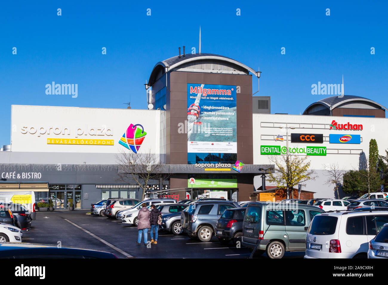 Sopron Plaza shopping centre center front and carpark, Sopron, Hungary Stock Photo