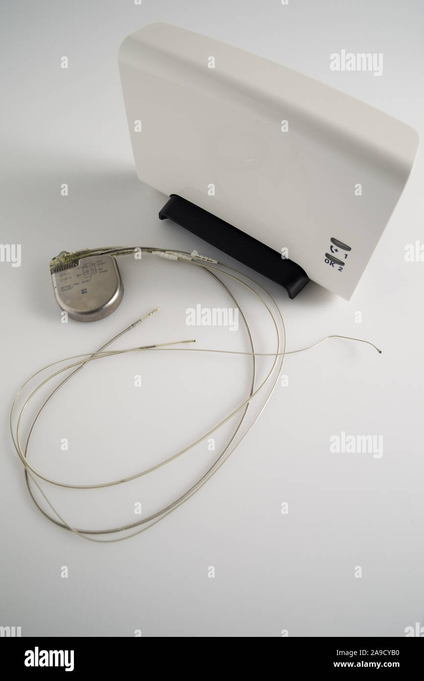 An Implantable Cardioverter Defibrillator or ICD pacemaker with leads