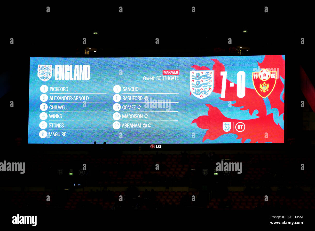 The stadium television screen shows the final score at the end of the UEFA  Euro 2020 Qualifying match at Wembley, London Stock Photo - Alamy