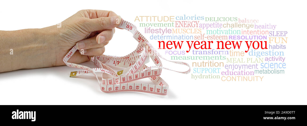 New Year New Your Weight Loss Tag Cloud - female hand holding measuring tape in one hand beside a NEW YEAR NEW YOU  word  cloud isolated on white Stock Photo