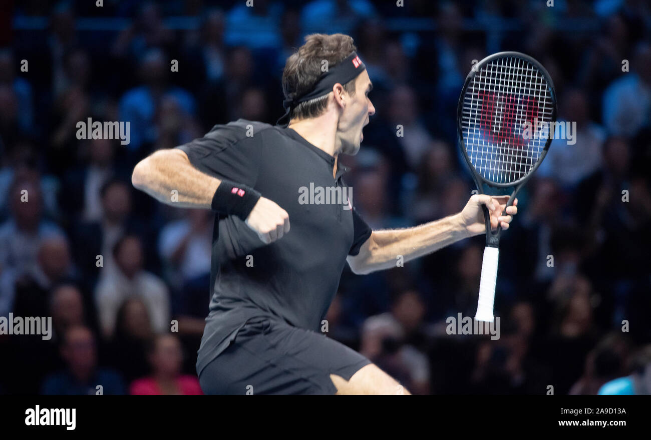 O2, London, UK. 14th November 2019. Nitto ATP Finals evening singles match,  Novak Djokovic (SRB) (2) vs Roger Federer (SUI) (3), Federer celebrating  his win and progressing to the semi finals after