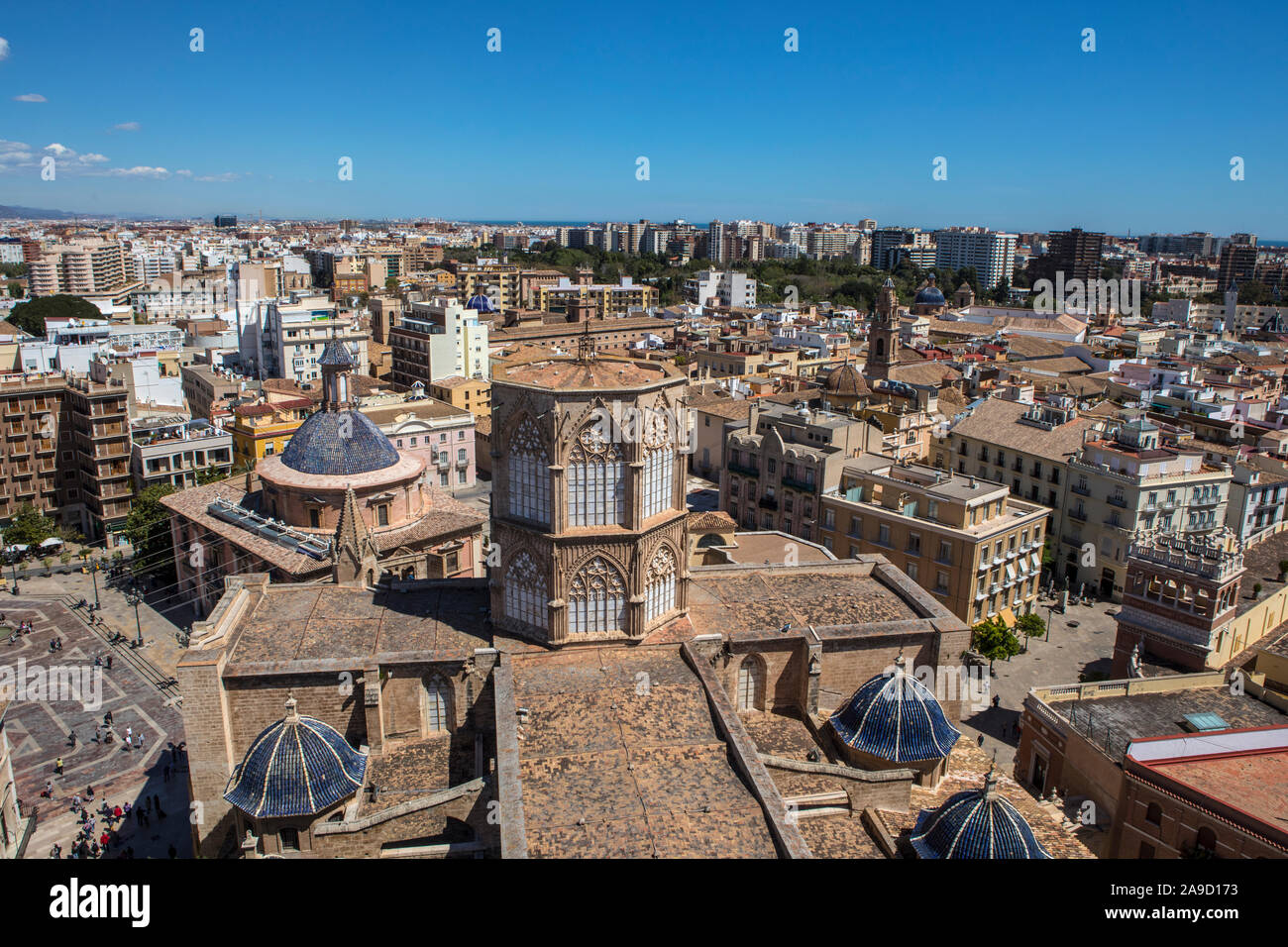 A stunning view from the Torre del Micalet or El Miguelete - the historic bell tower of Valencia Cathedral in Spain. Stock Photo