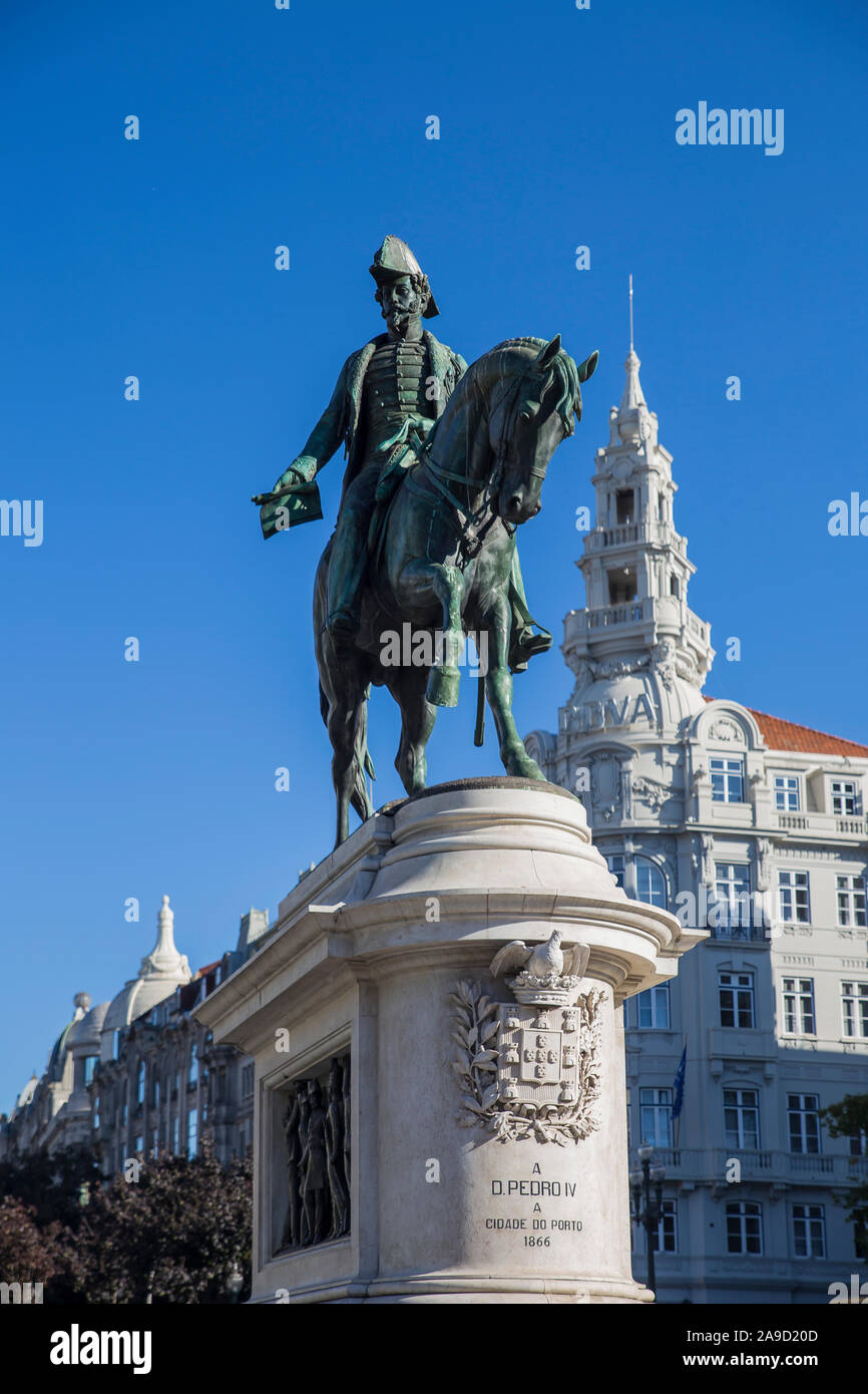 Porto, Portugal - October 27, 2018: equestrian bronze statue of king Dom Pedro IV at Praca da Liberdade or Freedom Square in Avenidas dos Alidaos. Stock Photo
