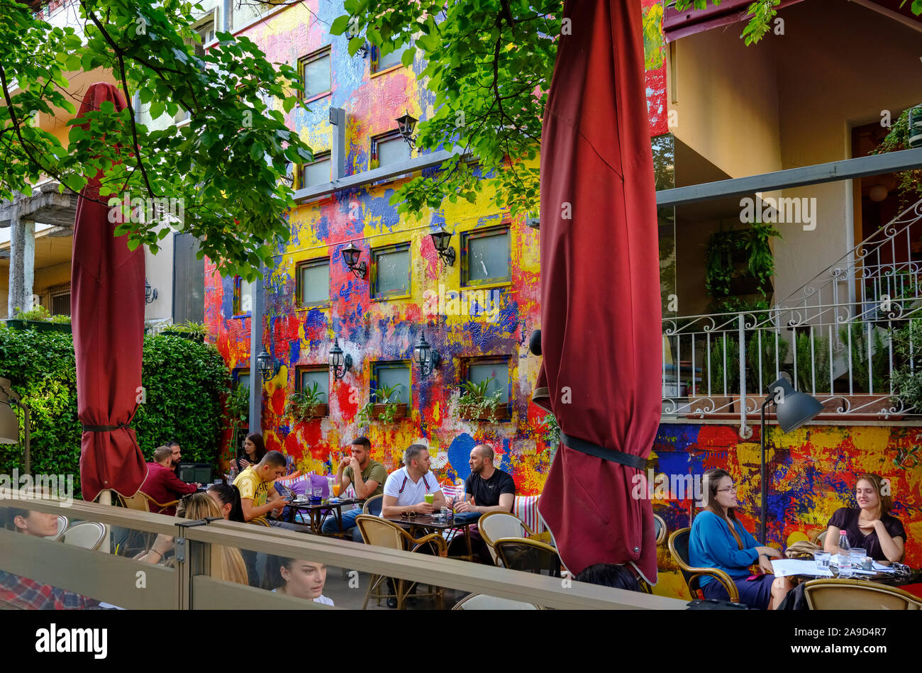 Café with coloured facade, town quarter Blloku, Tirana, Albania Stock
