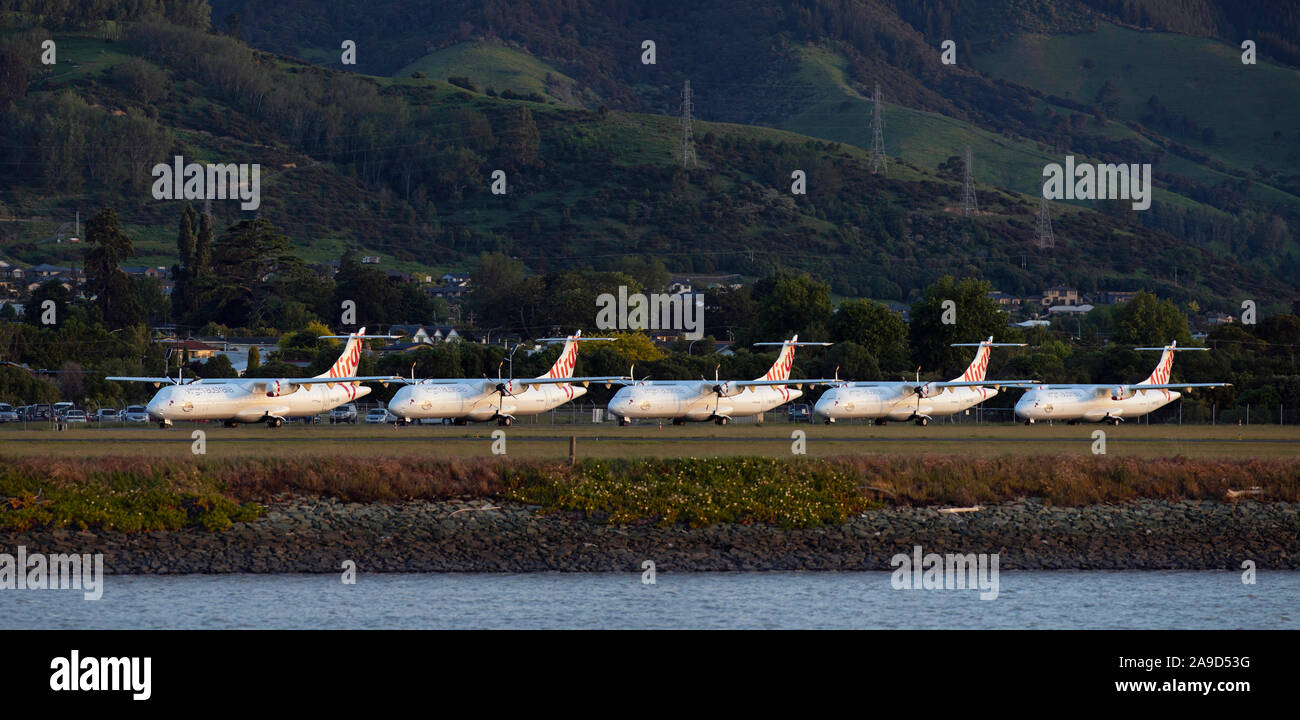 mothballed ATR 72-500 aircraft on the apron of Nelson Airport, New Zealand Stock Photo