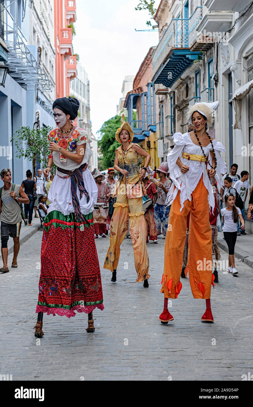 Street performers celebrate on the roads of Old Havana Cuba Stock Photo