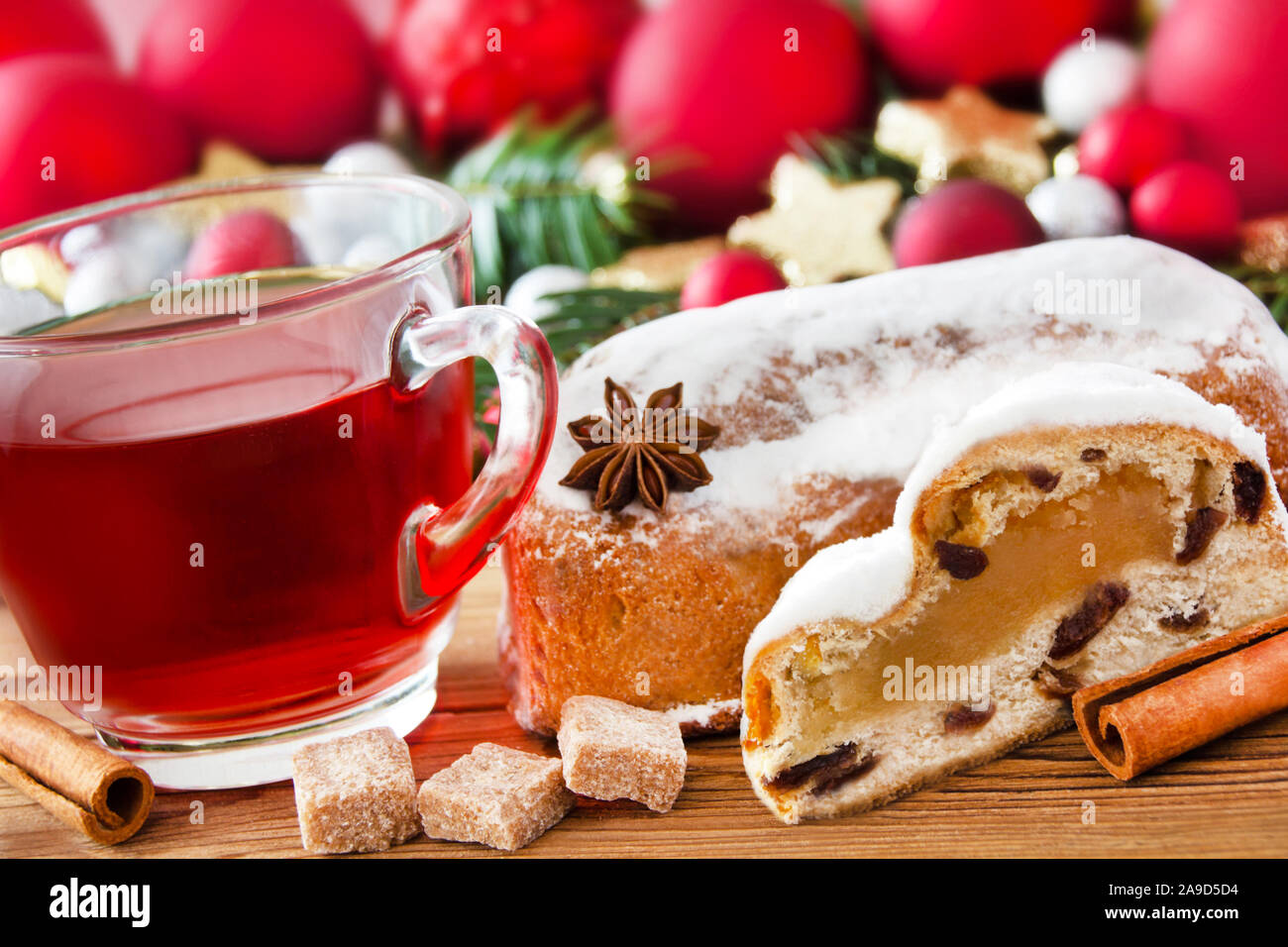 German Christstollen cake and mulled wine Stock Photo