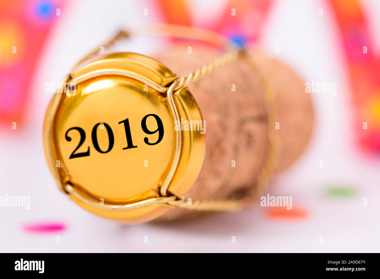 Champagne cork, detail, at 2019 New Year's party Stock Photo