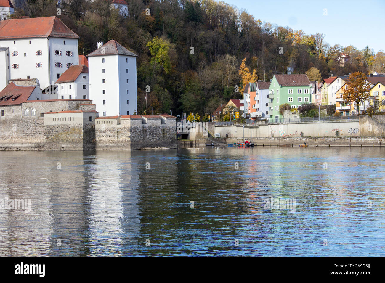 Confluence of the rivers Iltz, Inn and Danube in Passau, Germany Stock Photo