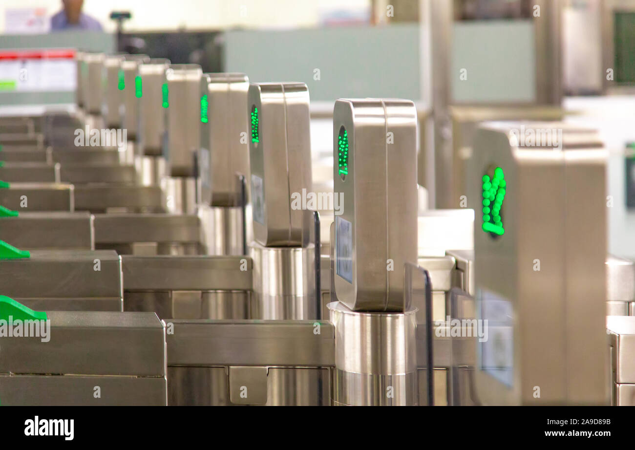 Toronto TTC Metrolinx Presto machines at a busy Bloor and Yonge station.  A contactless smart card is used to gain access to public transportation. Stock Photo