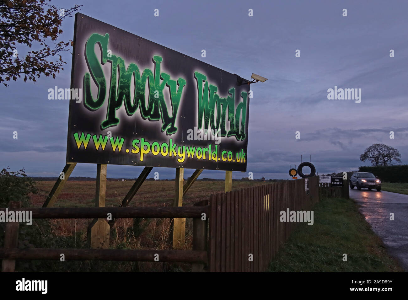 Spooky World sign, Tourist Attraction, Adventure Farm, Stretton Rd, Appleton Thorn, Warrington, England,UK, WA4 4NW Stock Photo