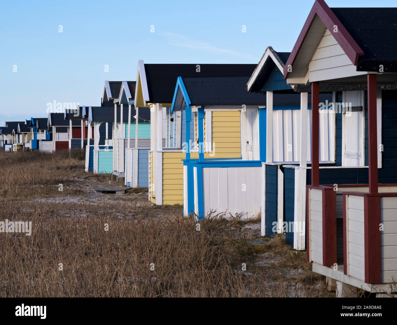Sweden, Scania, Falsterbo peninsula, colourful beach huts near Skanör ...