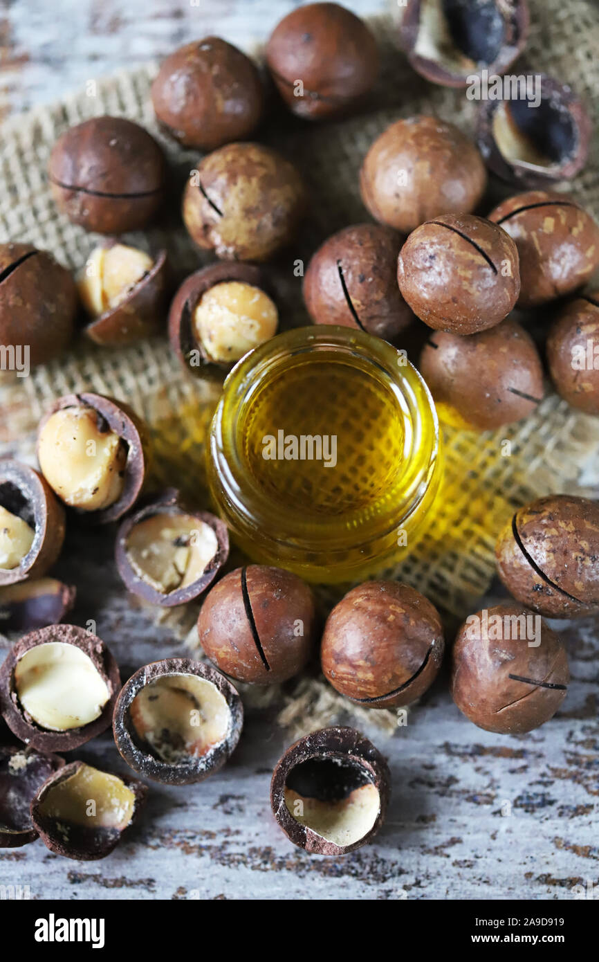 Macadamia nut oil. Macadamia nuts Selective focus. Macro Stock Photo