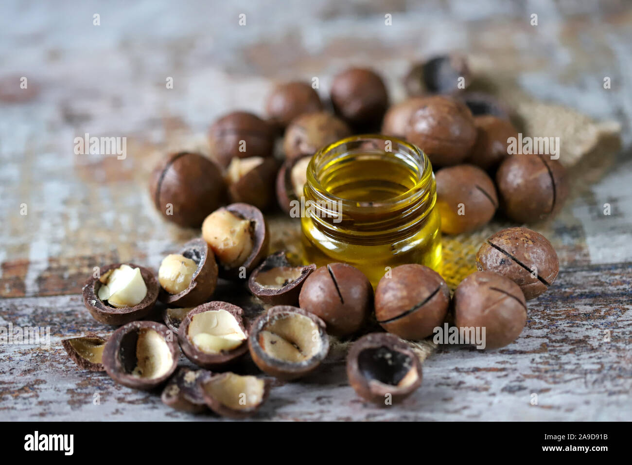 Macadamia nut oil. Macadamia nuts Selective focus. Macro Stock Photo