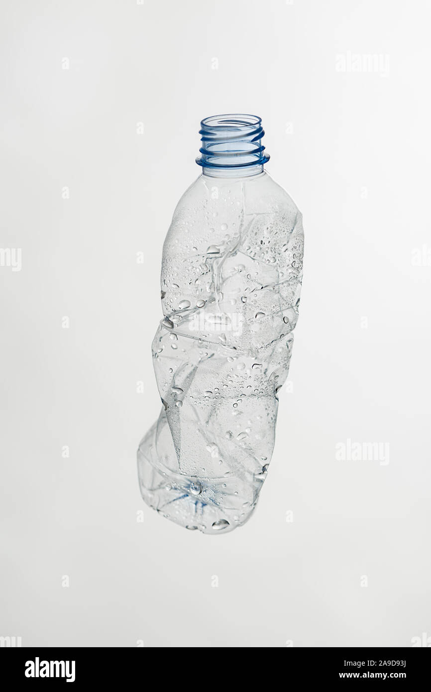 Bottles, PET, empty, crumpled, water drops Stock Photo