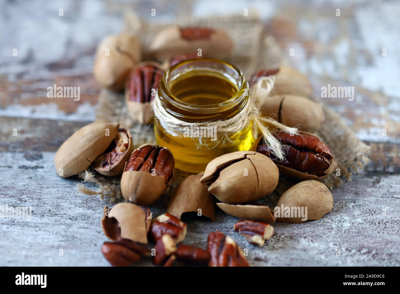Pecans. Pecan Oil. Selective Focus. Macro. Useful nuts Stock Photo Alamy