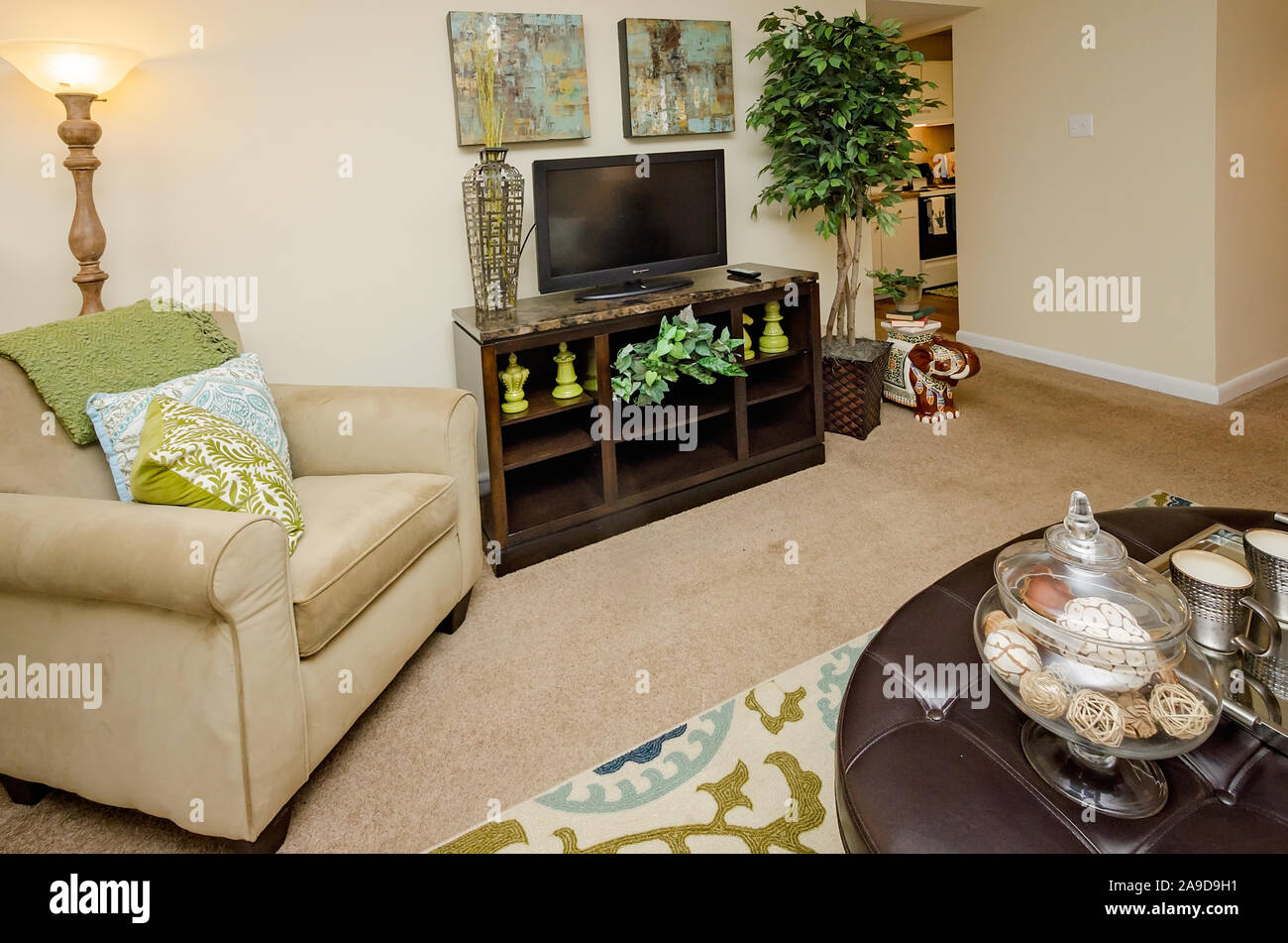 The living room is pictured at Autumn Woods apartment homes in Mobile