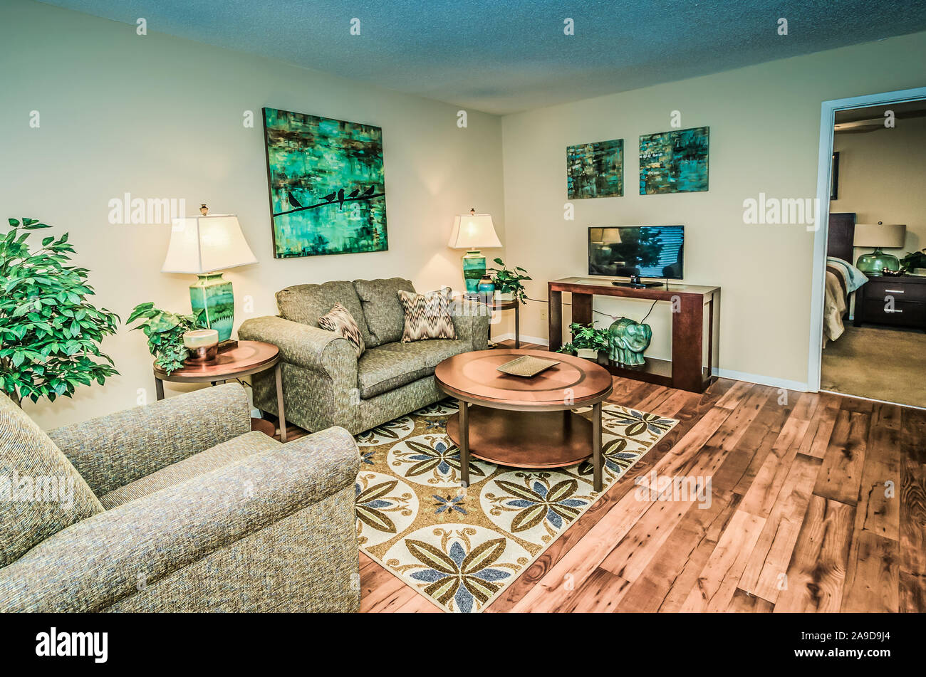 A living room features hardwood floors at Autumn Woods apartment homes in Mobile, Alabama. The apartment complex is owned by Sealy Management Company. Stock Photo