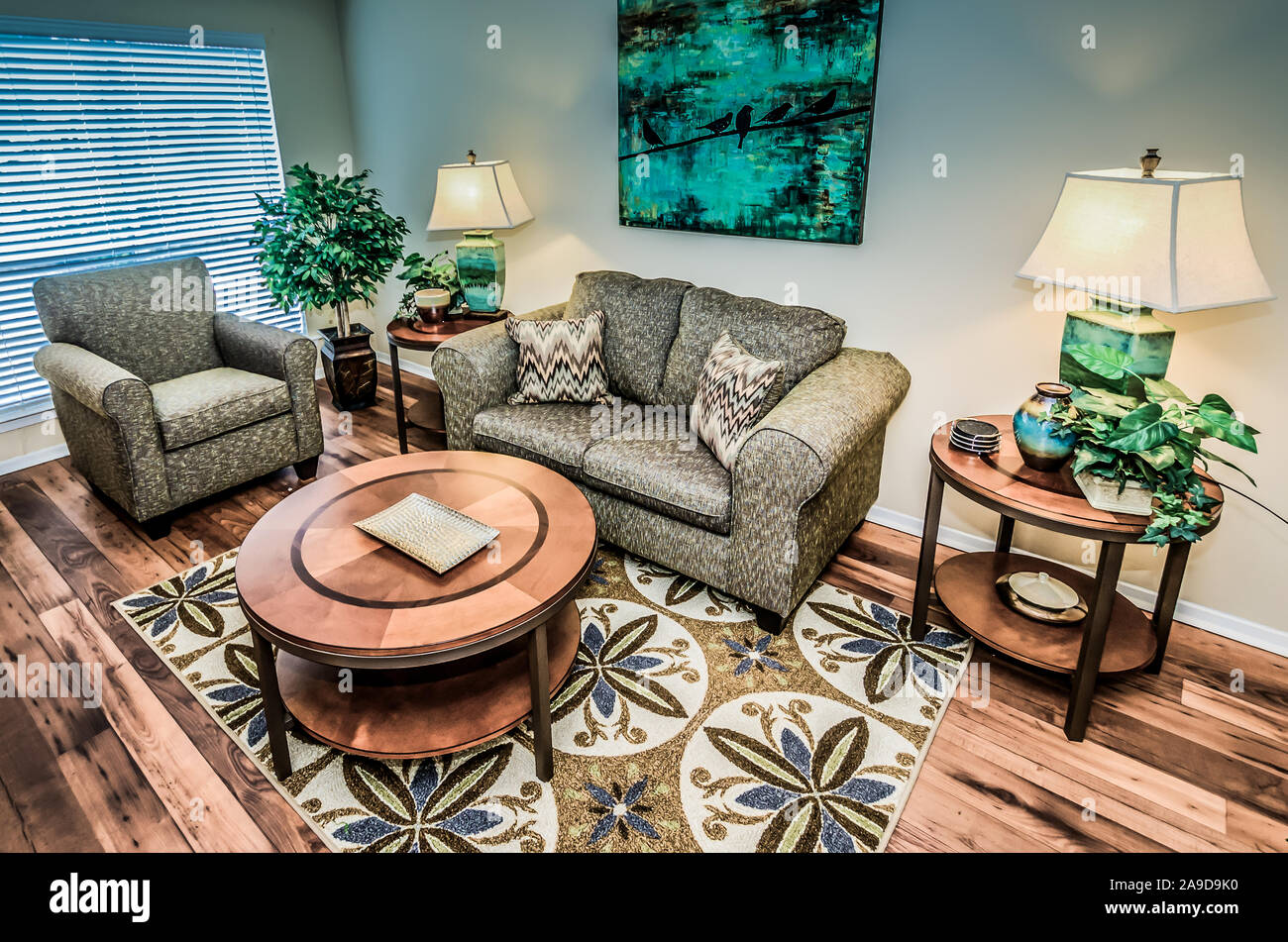 A living room features hardwood floors at Autumn Woods apartment homes in Mobile, Alabama. The apartment complex is owned by Sealy Management Company. Stock Photo