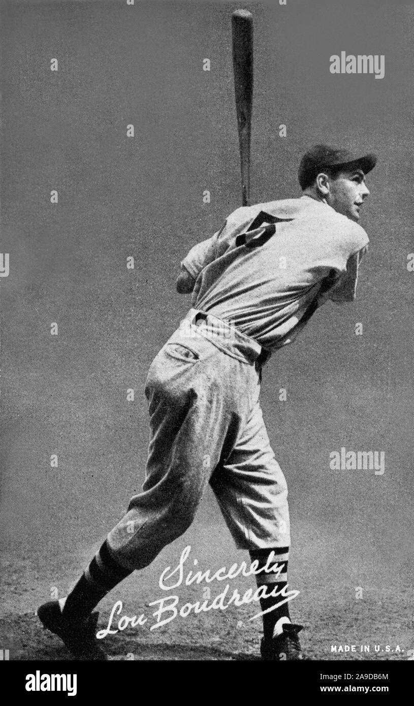 Vintage Exhibit baseball card of Hall of Fame player Lou Boudreau batting. Stock Photo