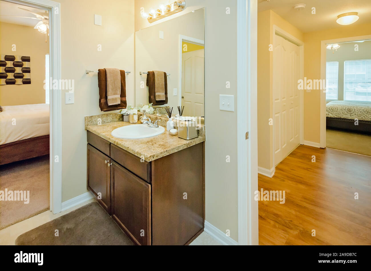 A bathroom sink is pictured at Cypress Cove Apartment Homes in Mobile, Alabama. The apartment complex is owned and operated by Sealy Management. Stock Photo
