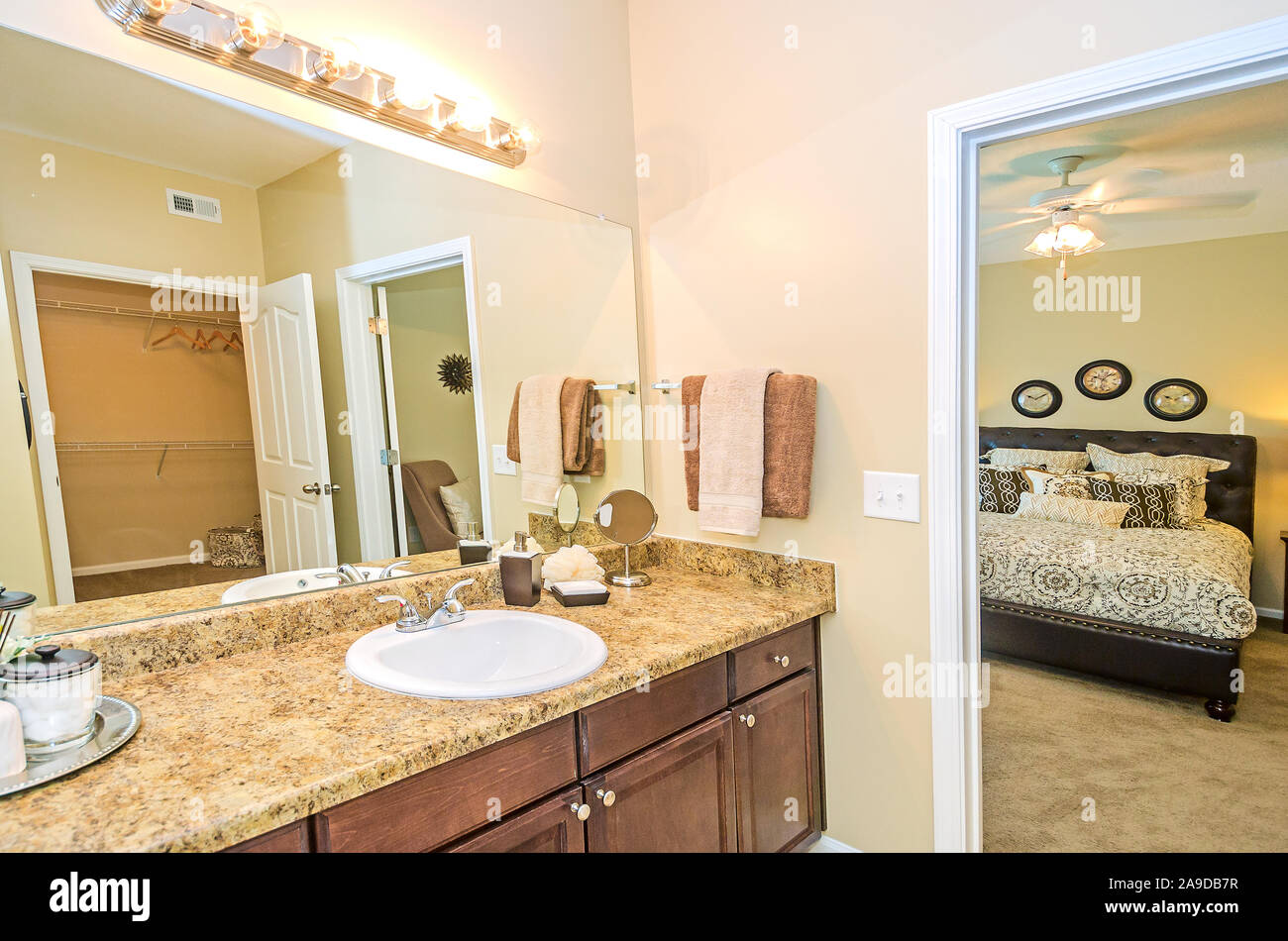 The master bathroom and master bedroom is pictured at Cypress Cove