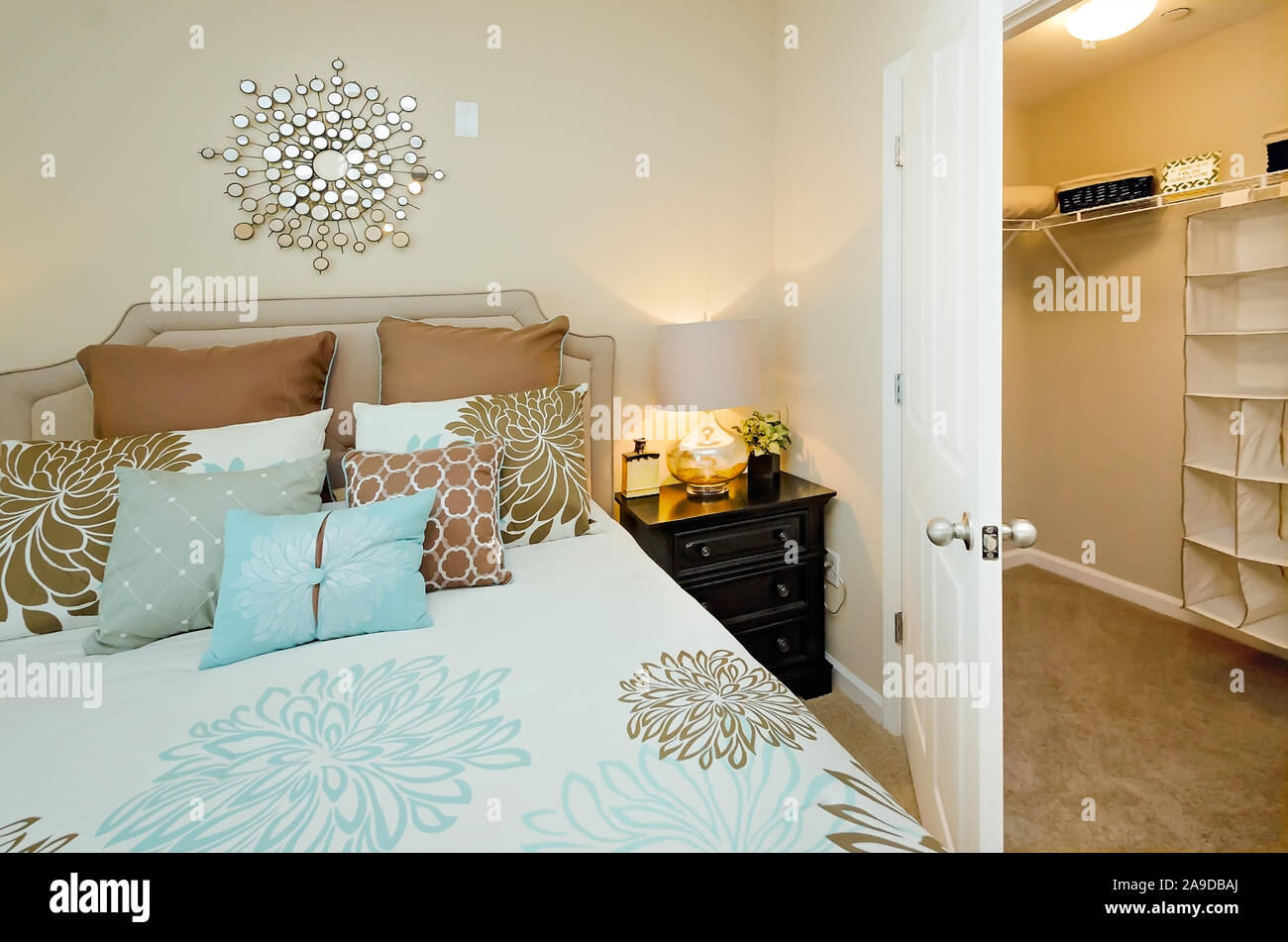 A bedroom is pictured with a walkin closet at Cypress Cove Apartment