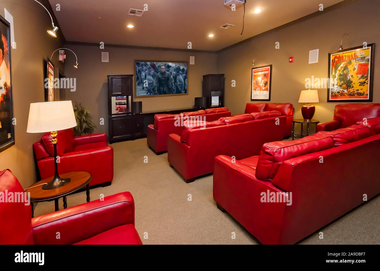 The clubhouse features a home theater at Cypress Cove Apartment Homes