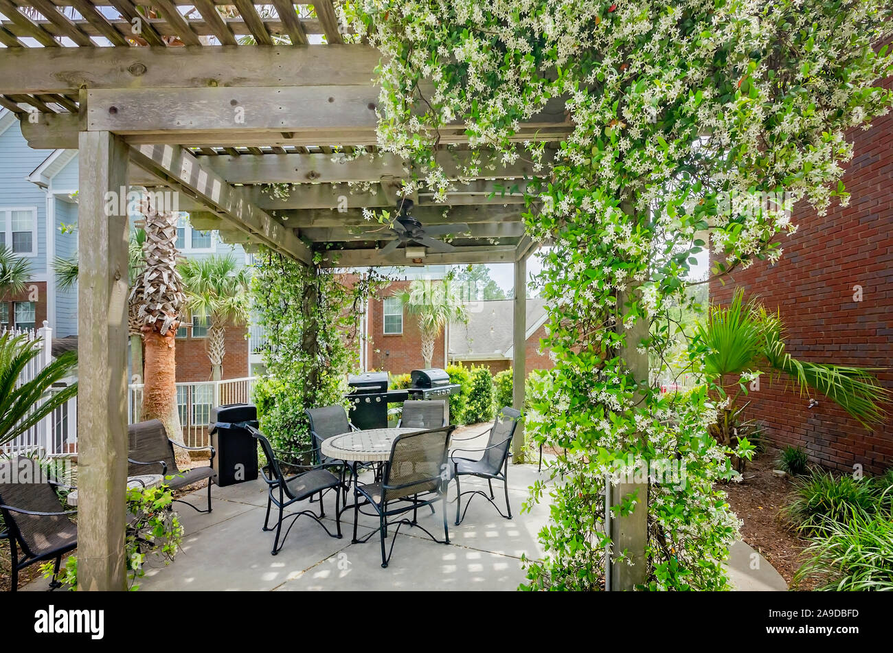 Patio tables and chairs are situated beneath a vine-covered pergola at Cypress Cove Apartment Homes in Mobile, Alabama. Stock Photo