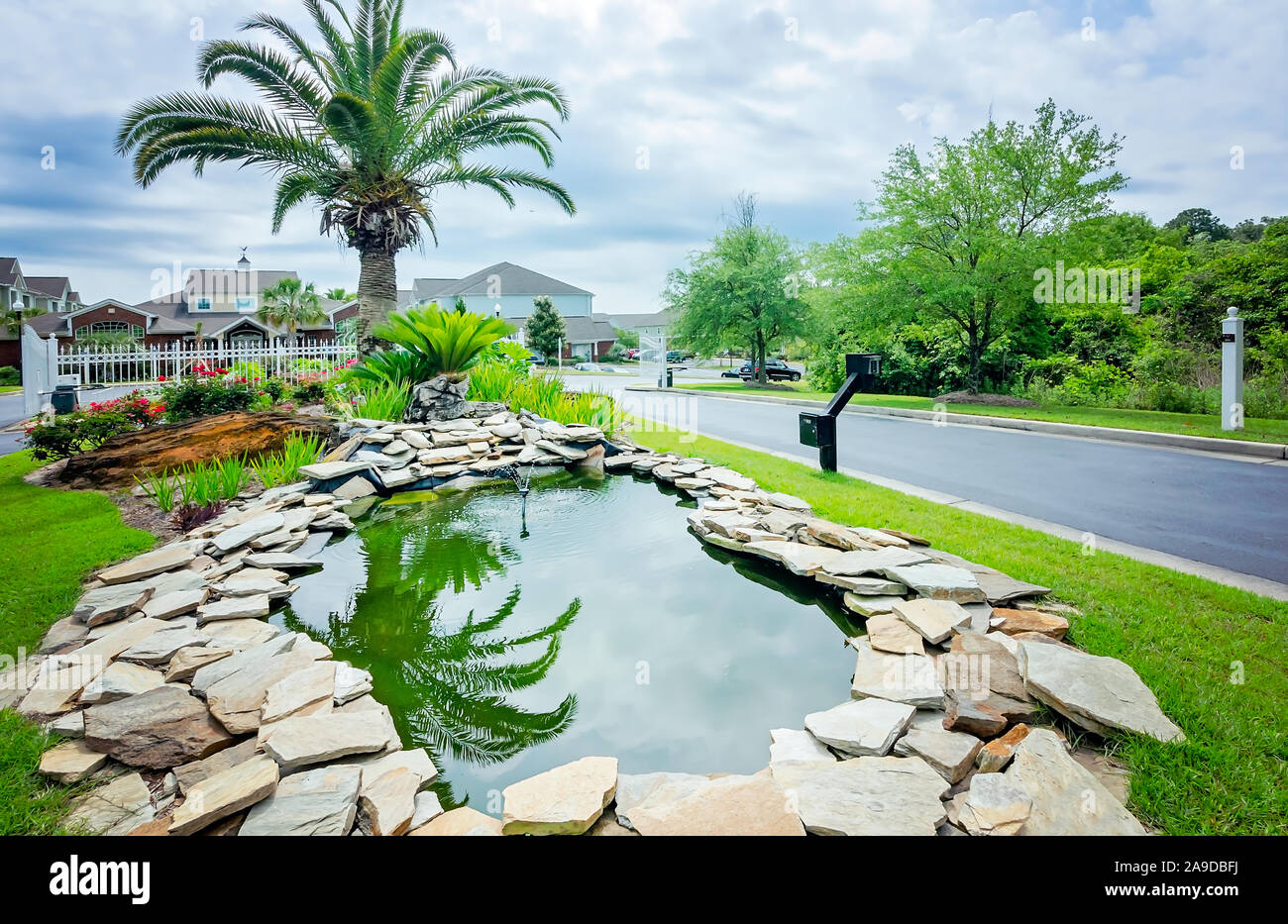 A small pond beautifies the entrance to Cypress Cove Apartment Homes in