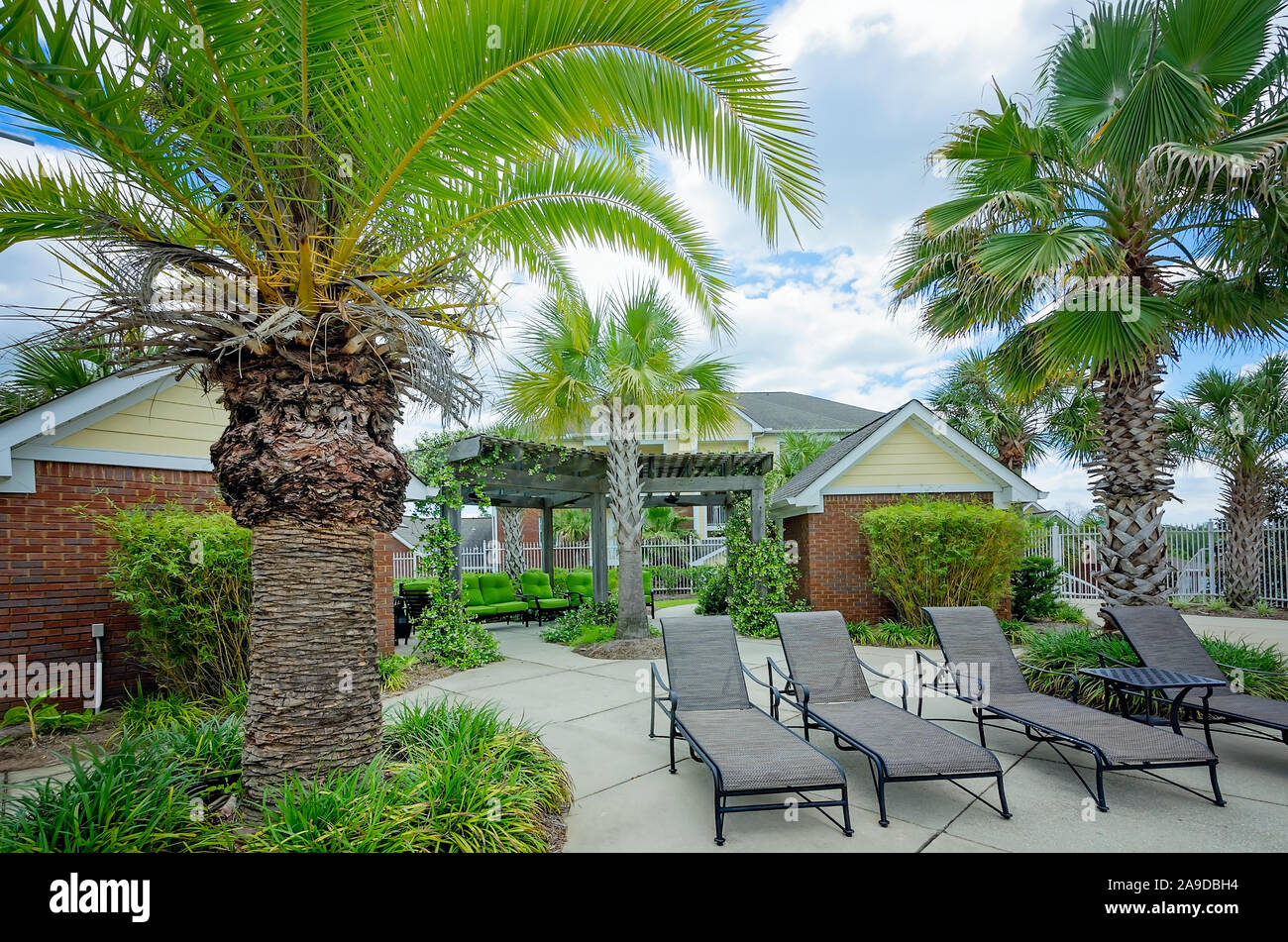 Lounge chairs sit in front of a covered patio at Cypress Cove Apartment Homes in Mobile, Alabama. The apartment complex is owned and operated by Sealy. Stock Photo