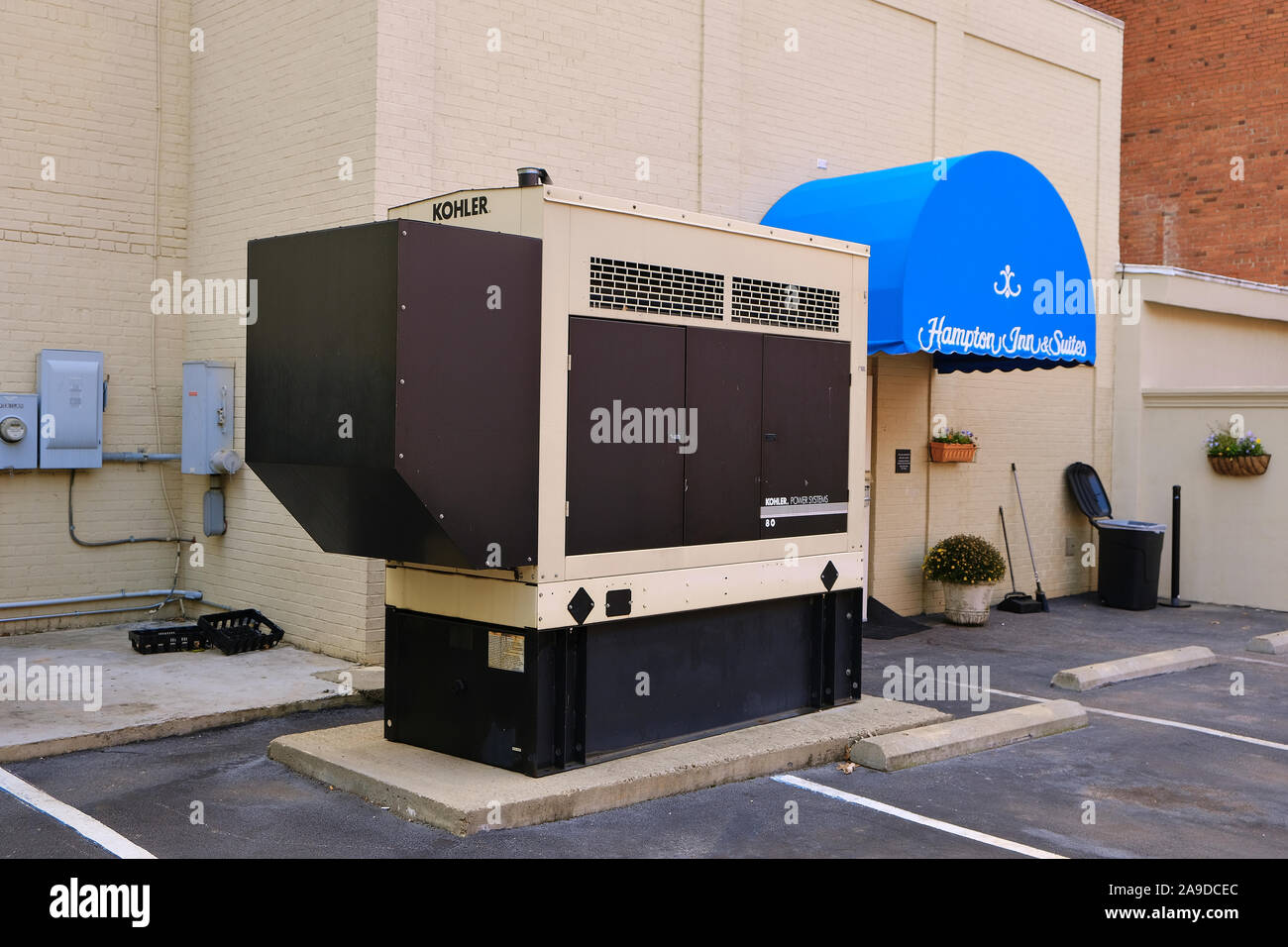 Kohler Power Stations 80 emergency power or electric backup generator at rear of a Hampton Inn hotel in Montgomery Alabama, USA. Stock Photo