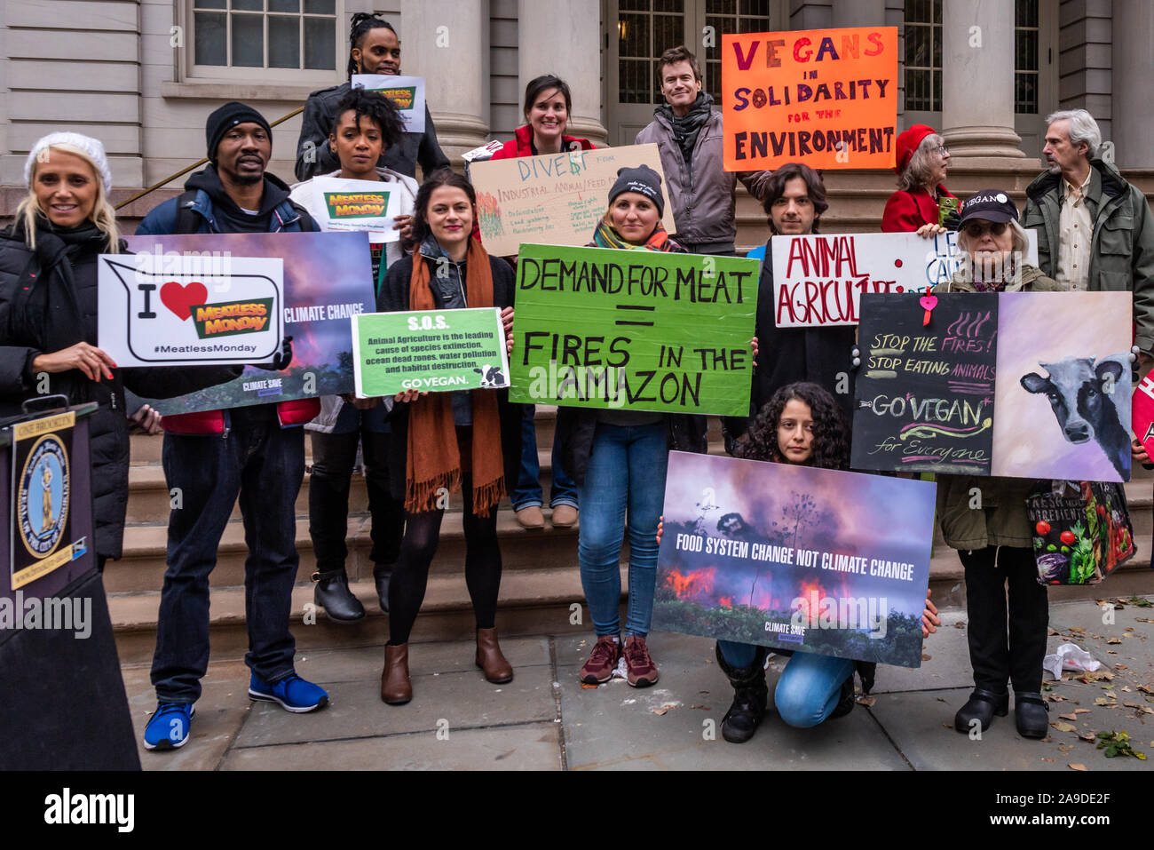 New York, USA. 14th Nov, 2019. Environmental activists on the steps of City Hall after the announcement of a resolution calling for ban on business with companies tied to the Amazon Wildfires in New York City on November 14, 2019. An annual 5% increased demand for beef has prompted South American ranchers to burn swaths of the historic rainforest, an asset in the fight against climate change, which have gone out of control. (Photo by Gabriele Holtermann-Gorden/Pacific Press) Credit: Pacific Press Agency/Alamy Live News Stock Photo