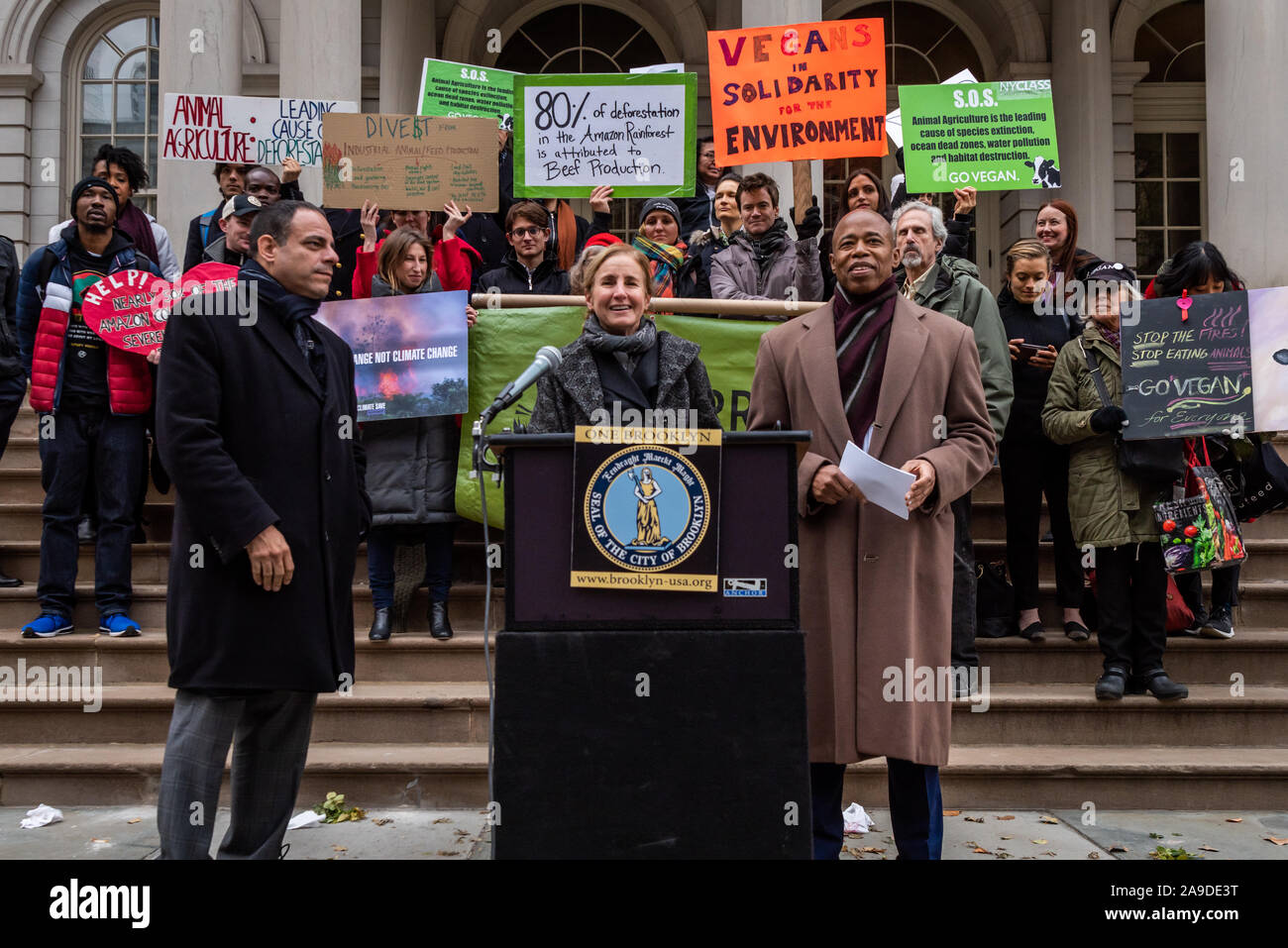 New York, USA. 14th Nov, 2019. (L-R) New York City Council Member Costa Constantinides, a representative of the Climate Reality Project, and Brooklyn Borough President Eric Adams announce a resolution calling for ban on business with companies tied to the Amazon Wildfires on the steps of New York City Hall on November 14, 2019. An annual 5% increased demand for beef has prompted South American ranchers to burn swaths of the historic rainforest, an asset in the fight against climate change, which have gone out of control. (Photo by Gabriele Holtermann-Gorden/Pacific Press) Stock Photo