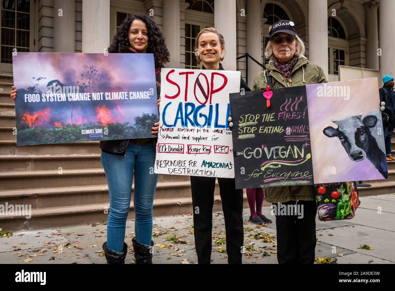 New York, USA. 14th Nov, 2019. Environmental activists outside City Hall after the announcement of a resolution calling for ban on business with companies tied to the Amazon Wildfires in New York City on November 14, 2019. An annual 5% increased demand for beef has prompted South American ranchers to burn swaths of the historic rainforest, an asset in the fight against climate change, which have gone out of control. (Photo by Gabriele Holtermann-Gorden/Pacific Press) Credit: Pacific Press Agency/Alamy Live News Stock Photo