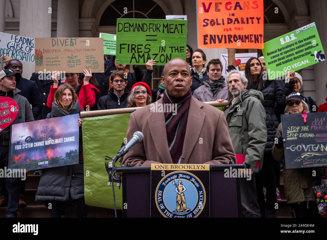New York, USA. 14th Nov, 2019. Brooklyn Borough President Eric Adams takes questions after the announcement of a resolution calling for ban on business with companies tied to the Amazon Wildfires on the steps of New York City Hall on November 14, 2019. An annual 5% increased demand for beef has prompted South American ranchers to burn swaths of the historic rainforest, an asset in the fight against climate change, which have gone out of control. (Photo by Gabriele Holtermann-Gorden/Pacific Press) Credit: Pacific Press Agency/Alamy Live News Stock Photo