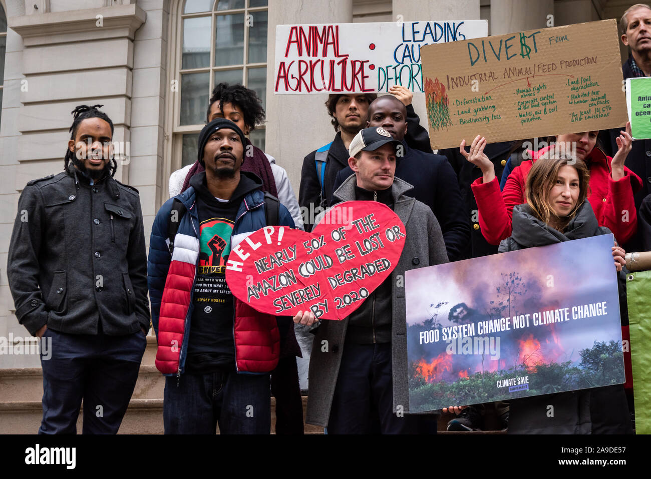 New York, USA. 14th Nov, 2019. Environmental activists on the steps of New York City Hall where Council Member Costa Constantinides and Eric Adams announce a resolution calling for ban on business with companies tied to the Amazon Wildfires in New York City on November 14, 2019. An annual 5% increased demand for beef has prompted South American ranchers to burn swaths of the historic rainforest, an asset in the fight against climate change, which have gone out of control. (Photo by Gabriele Holtermann-Gorden/Pacific Press) Credit: Pacific Press Agency/Alamy Live News Stock Photo