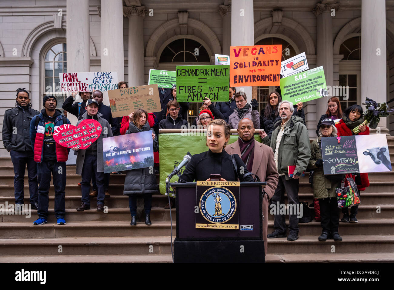 New York, USA. 14th Nov, 2019. Lucia von Reusner of Mighty Earth speaks at the press conference of Brooklyn Borough President Eric Adams and New York City Council Member Costa Constantinides who announced a resolution calling for ban on business with companies tied to the Amazon Wildfires on the steps of New York City Hall on November 14, 2019. An annual 5% increased demand for beef has prompted South American ranchers to burn swaths of the historic rainforest, an asset in the fight against climate change, which have gone out of control. (Photo by Gabriele Holtermann-Gorden/Pacific Press) Stock Photo