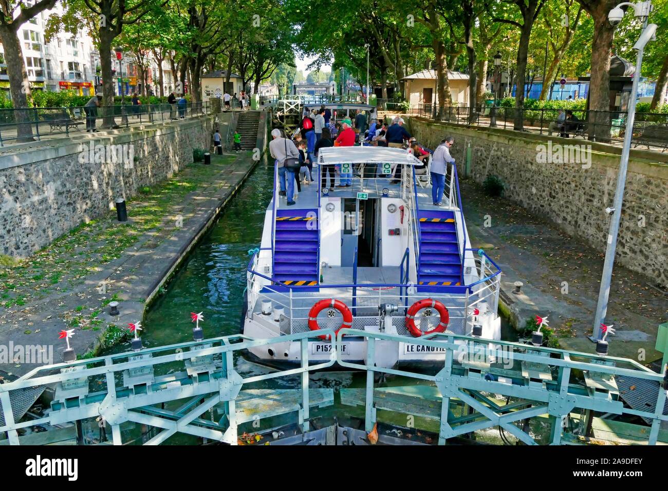 Steamer in the sluice on Canal Saint-Martin, Paris, Ile de France, France Stock Photo