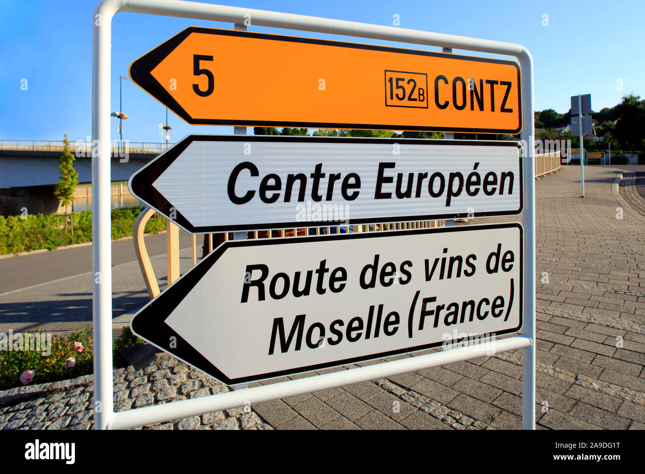 Signpost in Schengen, Canton Remich, Moselle Valley, Luxembourg Stock Photo