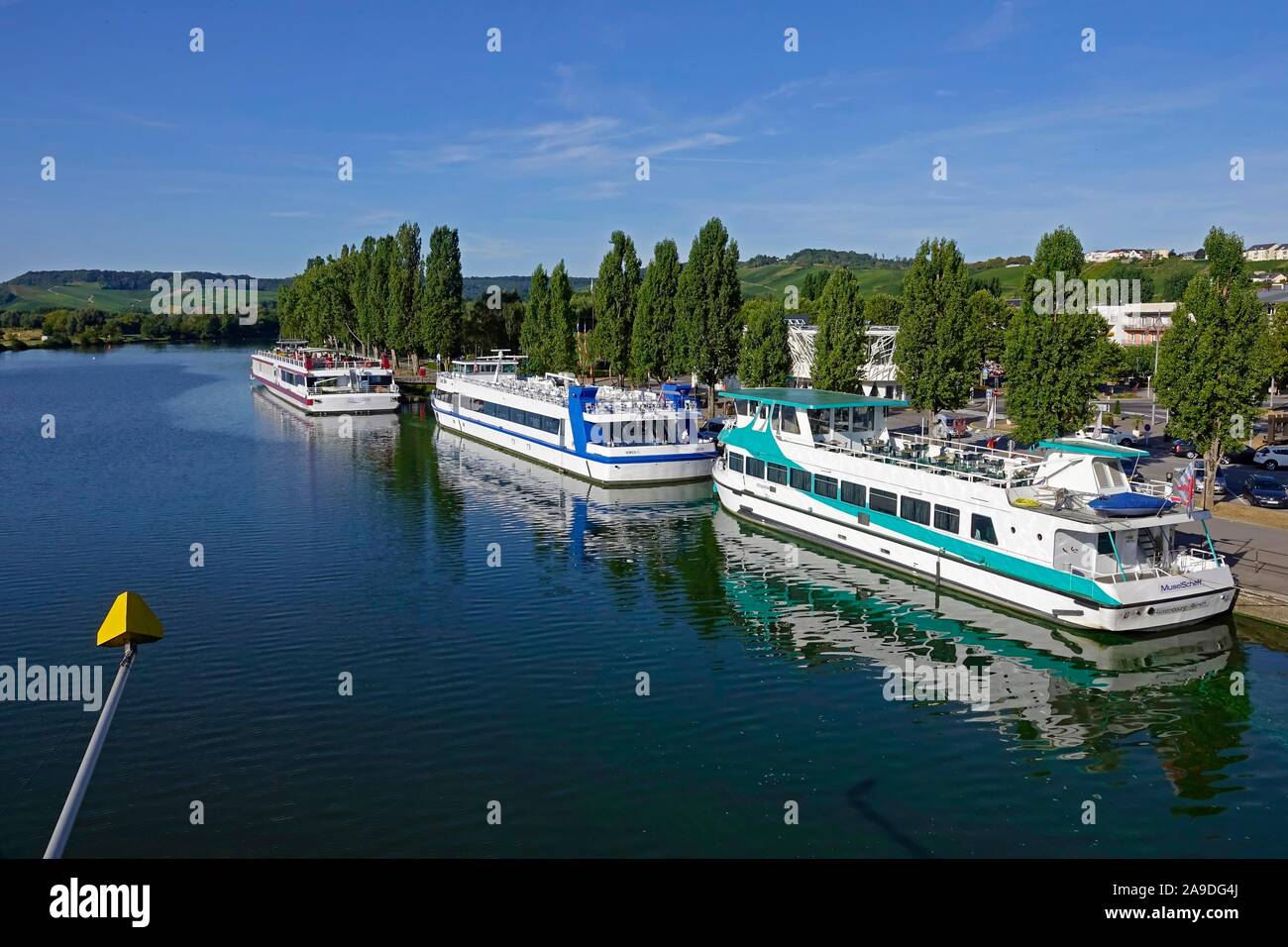 Excursion boats in Remich at the Moselle, Canton Remich, Luxembourg Stock Photo