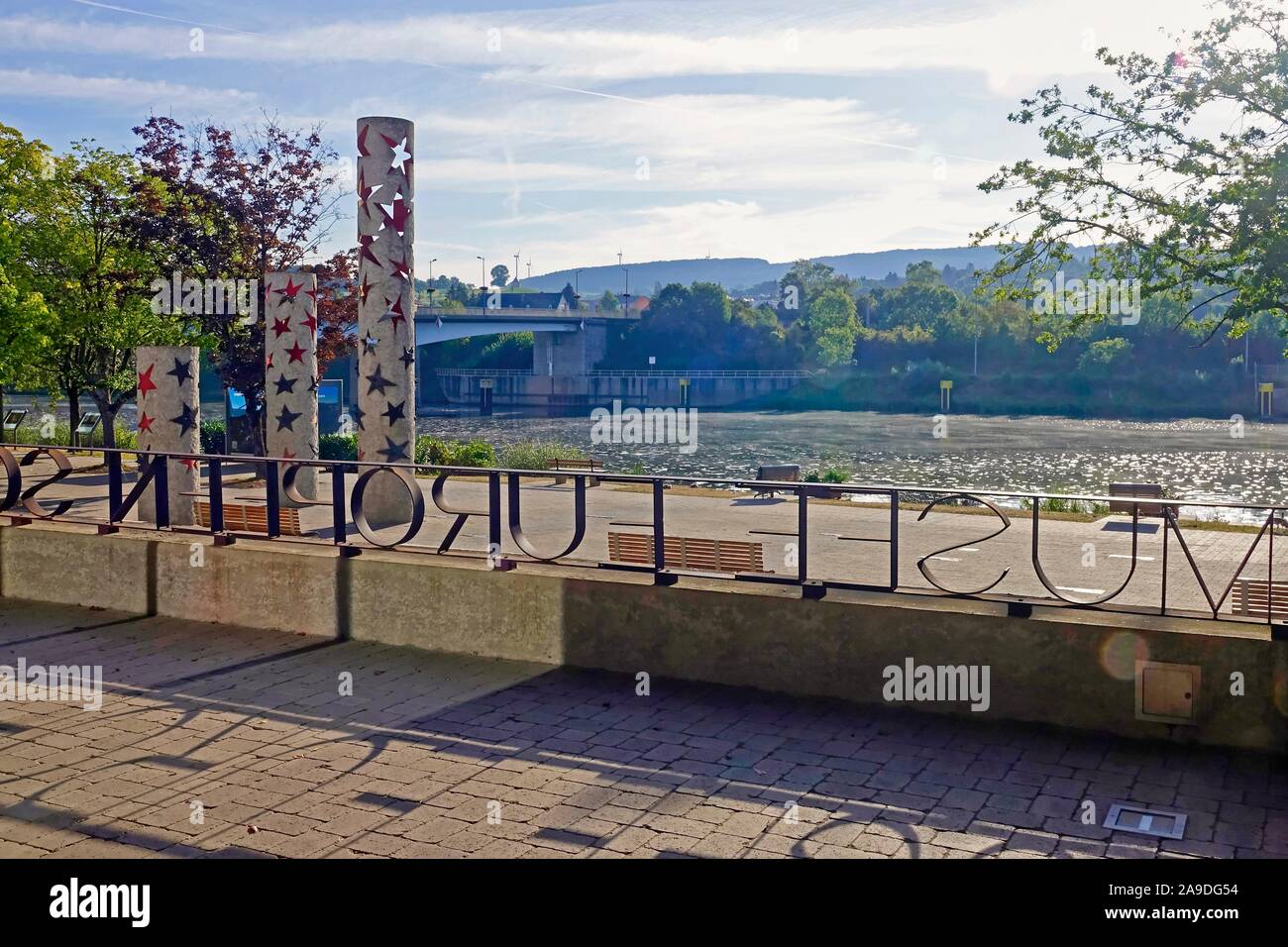 Star monument in front of European Museum Musée Européen and view of river, Schengen, canton Remich, Moselle valley, Luxembourg Stock Photo