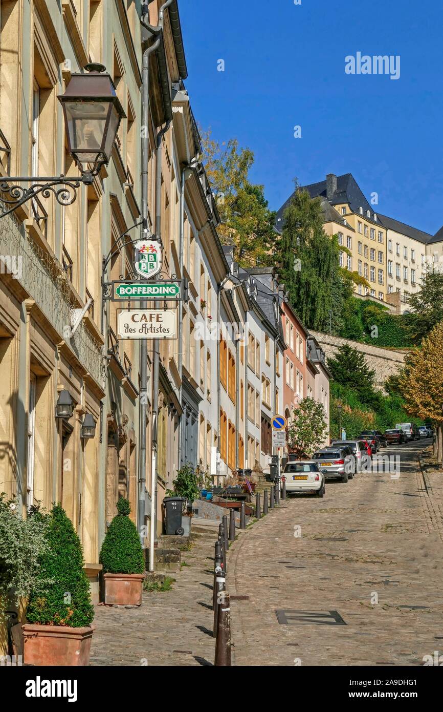 Street at the Montée du Grund, Lower Town, Luxembourg City, Grand Duchy of Luxembourg Stock Photo