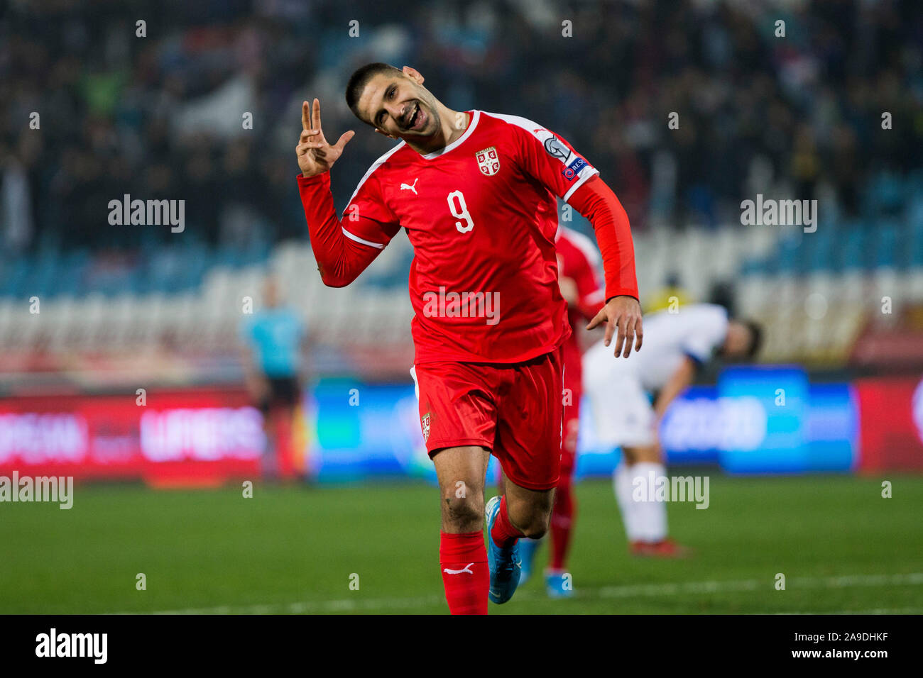 Belgrade, Serbia. 14th Nov, 2019. Aleksandar Mitrovic of Serbia celebrates after scoring his goal for 2-0 in 43rd minute. Credit: Nikola Krstic/Alamy Live News Stock Photo