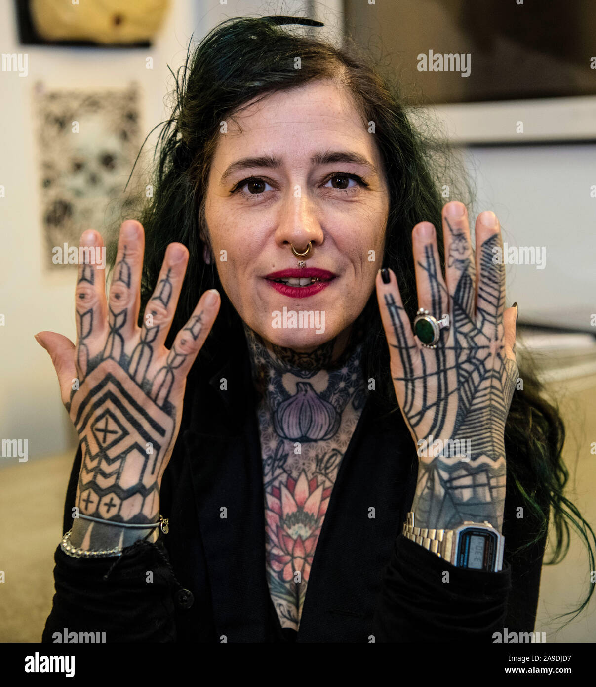 Berlin, Germany. 14th Nov, 2019. Netti Duden, shop manager of a tattoo
