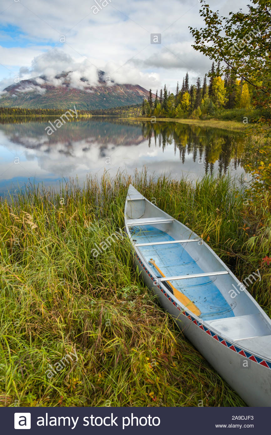 https www alamy com empty aluminum canoe on lakeshore of miami lake talkeetna mountains matanuska susitna alaska usa image332828807 html