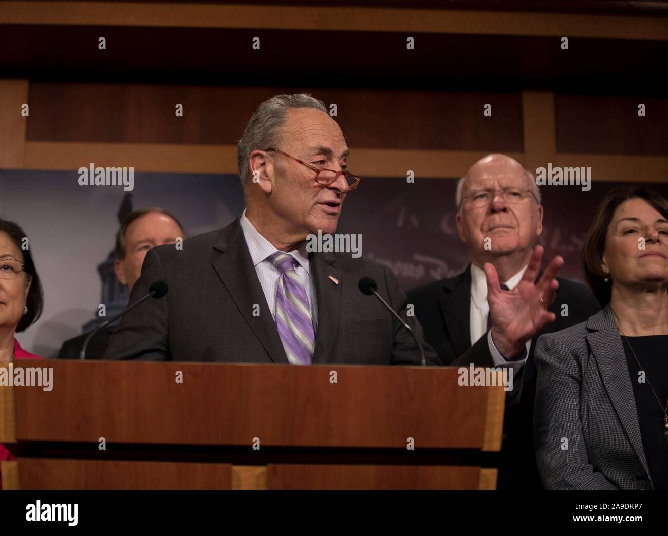 U.S. Senator Chuck Schumer of New York, joined by fellow democrats, introduced the Violence Against Women Reauthorization Act of 2019 during a press conference on Capitol Hill November 13, 2019 in Washington, DC. Stock Photo