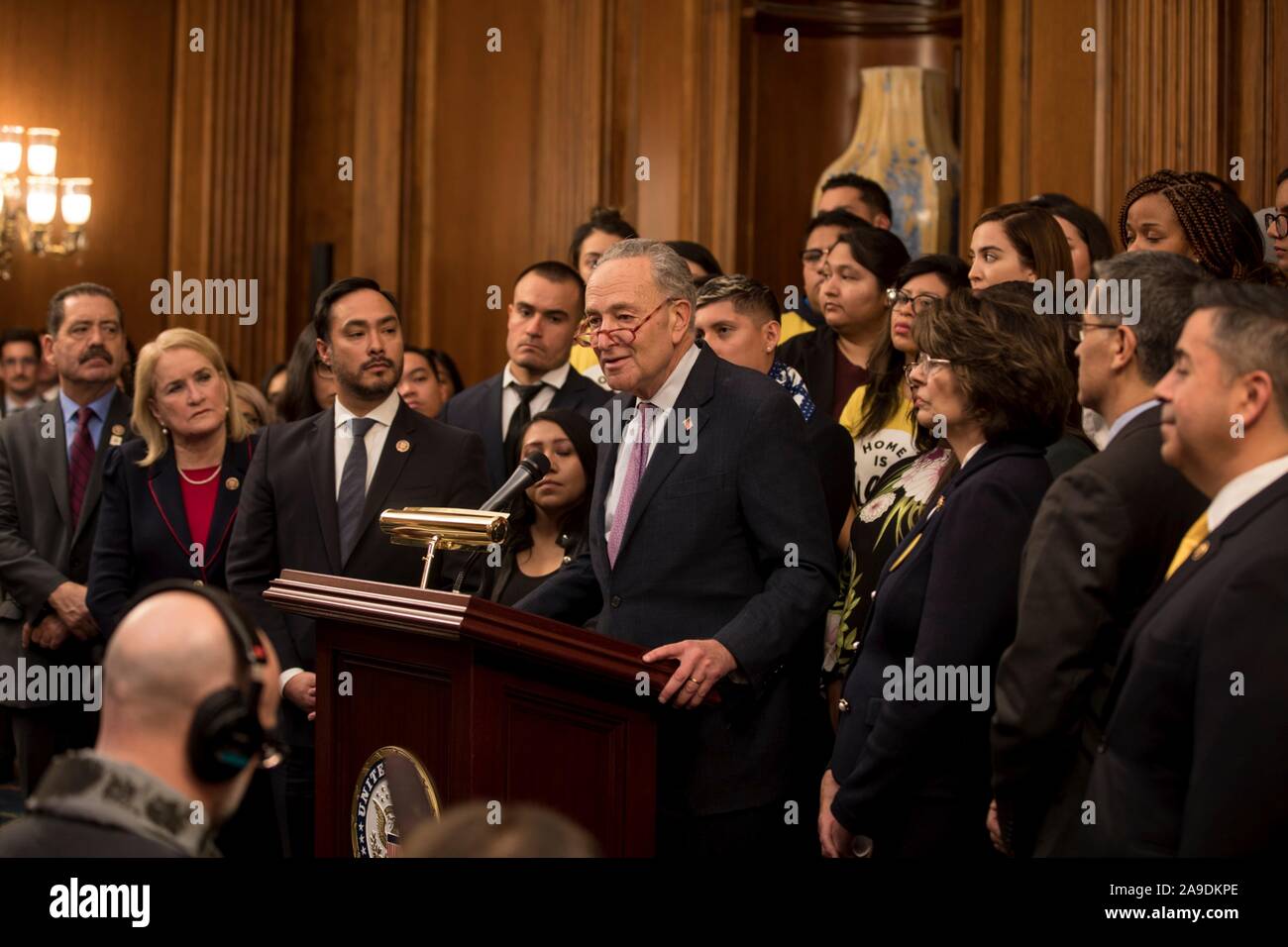 U.S. Senator Chuck Schumer of New York, joined by fellow democrats, calls on the Trump Administration to reverse their termination of DACA during a press conference on Capitol Hill November 12, 2019 in Washington, DC. Members of the Senate and House joined plaintiffs in the DACA case demanded the Republican-controlled Senate to pass the Dream and Promise Act to allow children of undocumented migrants to stay in the United States. Stock Photo